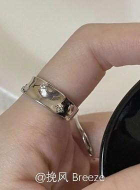 星河探险银色金属感锆石宽素圈戒指冷淡ins风 个性小众指环女