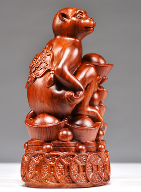 花梨木雕刻猴子摆k件生肖猴实木质灵猴献桃办公装饰送礼红木工艺