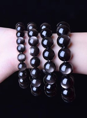 天然水晶 银曜石手链 单圈圆珠手串 (黑银矿石) 大珠圆眼 闪沙光