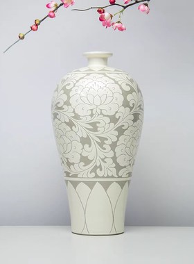 磁州窑安氏仿宋黑白釉剔花牡丹梅瓶家居装饰花瓶W摆件邯郸特产