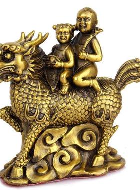 黄铜麒麟送子麒麟摆件麒麟驮男孩女孩一对金童玉女家居创意工艺品