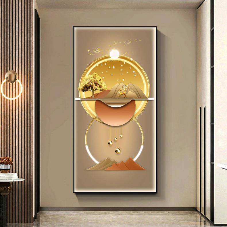 现日光相随代奢ed玄关装饰画走挂廊过道竖版壁画发轻l光灯正对门