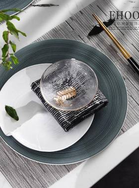 中式样玻板间餐具组样台品房展厅摆餐盘拉丝平盘装饰璃螺纹LKM合