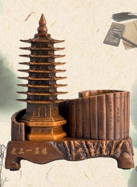 创意款树脂笔摆件九文昌塔筒摆件MZI室仿木佛塔宝层塔办公摆件招