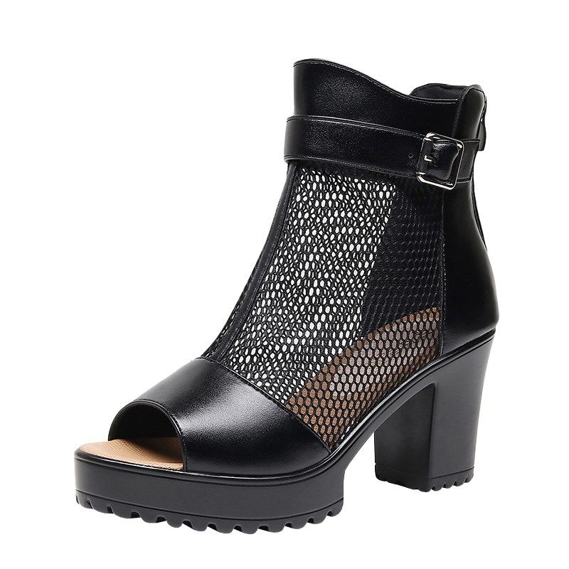 鱼嘴网纱凉鞋女夏季高跟防水台后拉链网面鞋时尚女款镂空透气凉靴,淘宝优惠券,粉丝福利购,淘宝优惠卷