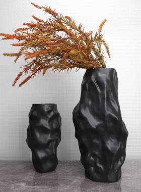 现简约黑色异形褶皱器花摆厅件样板房酒代店家居客0008装饰摆件工