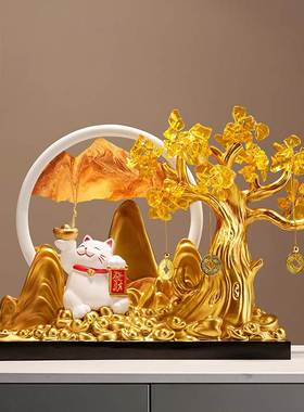 新中式发财树招财猫流沙画摆件店铺前台收银台开业礼物乔迁装饰品