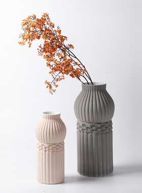 欧式白色b3D打印圆柱形陶瓷花瓶摆件现代简约样板间灰色花器装饰