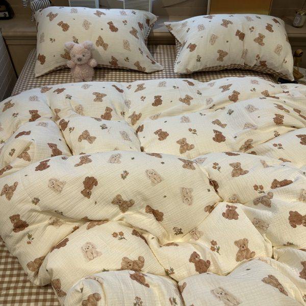 可爱小呆熊 | 卡通双层皱皱纱格子水洗棉四件套全棉公寓床上用品,淘宝优惠券,粉丝福利购,淘宝优惠卷