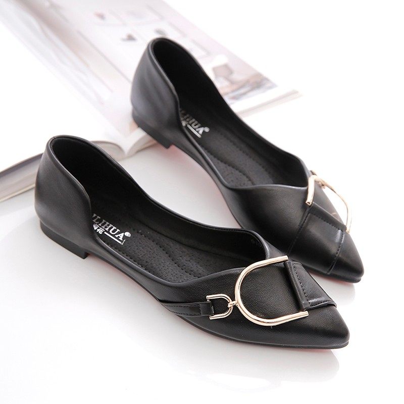 单鞋女春秋2021新款韩版浅口尖头金属扣豆豆鞋女软底平底鞋百搭夏,淘宝优惠券,粉丝福利购,淘宝优惠卷