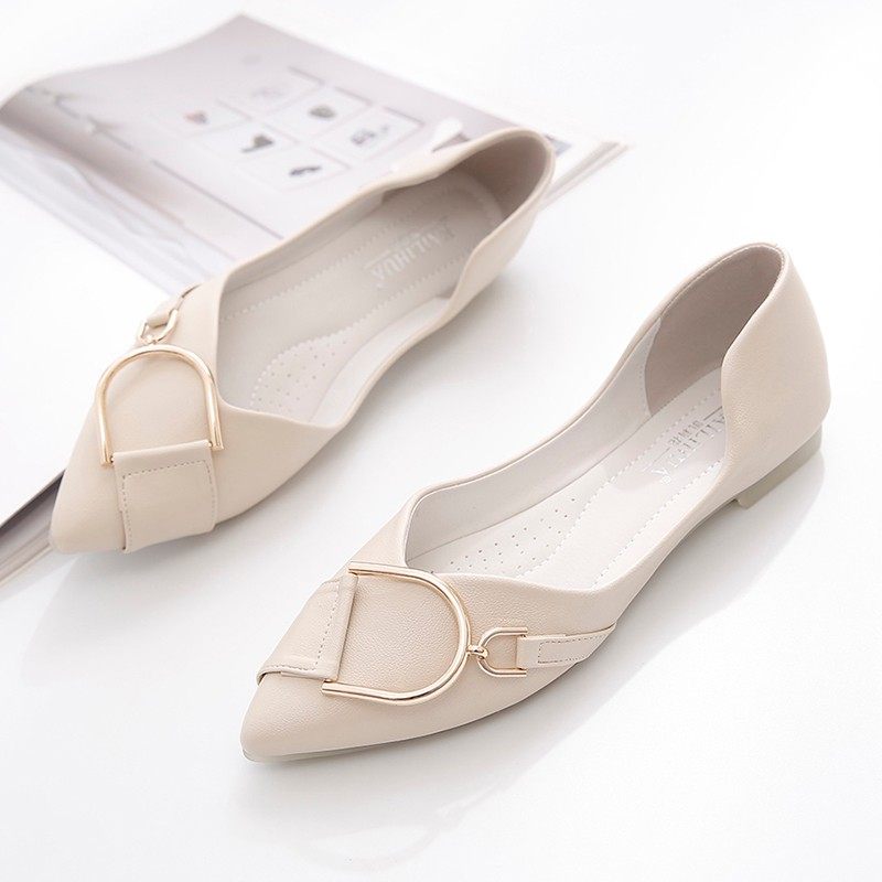 单鞋女春秋2021新款韩版浅口尖头金属扣豆豆鞋女软底平底鞋百搭夏,淘宝优惠券,粉丝福利购,淘宝优惠卷