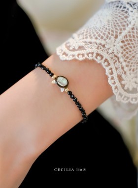 赛赛莉安 黑白色猫咪14K包金手链可调节天然小珍珠黑尖晶日系小众