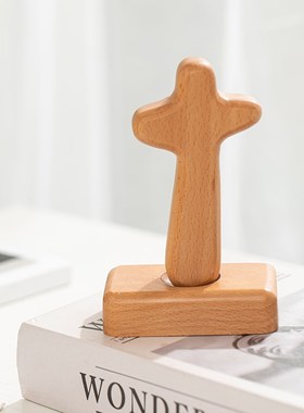 镂空十字架摆件实木摆台高14cm客厅装饰桌面W榉木木质十架