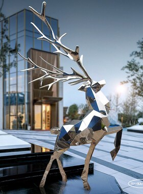 户外不锈钢镜面鹿雕塑金属动物铁艺发光几何鹿来图摆件装饰品定制