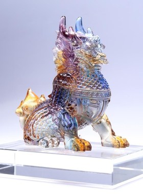 寿喜双临麒麟客厅装饰琉璃彩色书房摆件中K式祝福桌面摆设书房客