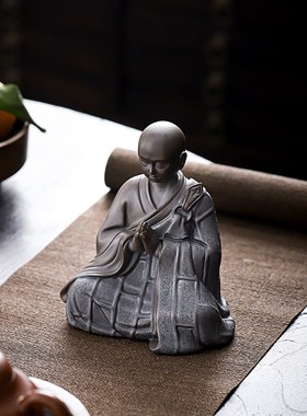 复古禅意小和尚人物摆件中式陶瓷鱼缸假山L造景桌面茶宠家居装饰