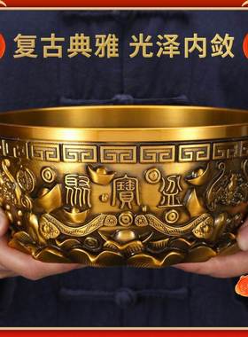 纯铜聚宝盆摆件客厅装饰水晶元宝大号铜缸开业乔迁送礼品