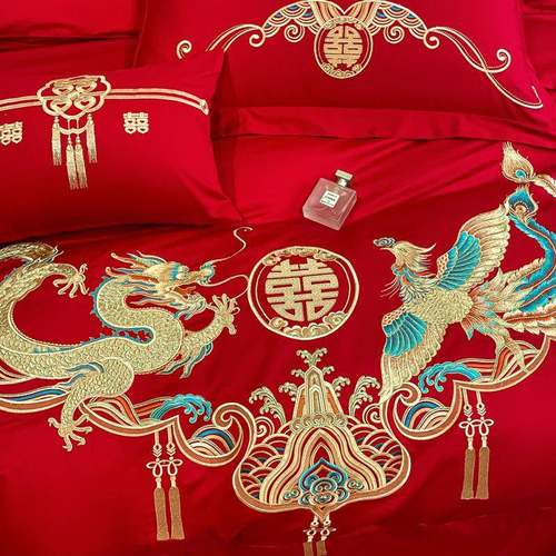 全棉长绒棉喜婚庆结婚DF-20240用四件套纯棉红色陪嫁被子婚新房婚 - 图0