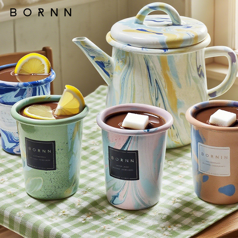 土耳其BORNN搪瓷餐具薄荷绿大理石纹餐盘碗杯