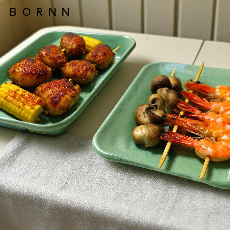 土耳其BORNN搪瓷餐具薄荷绿大理石纹餐盘碗杯