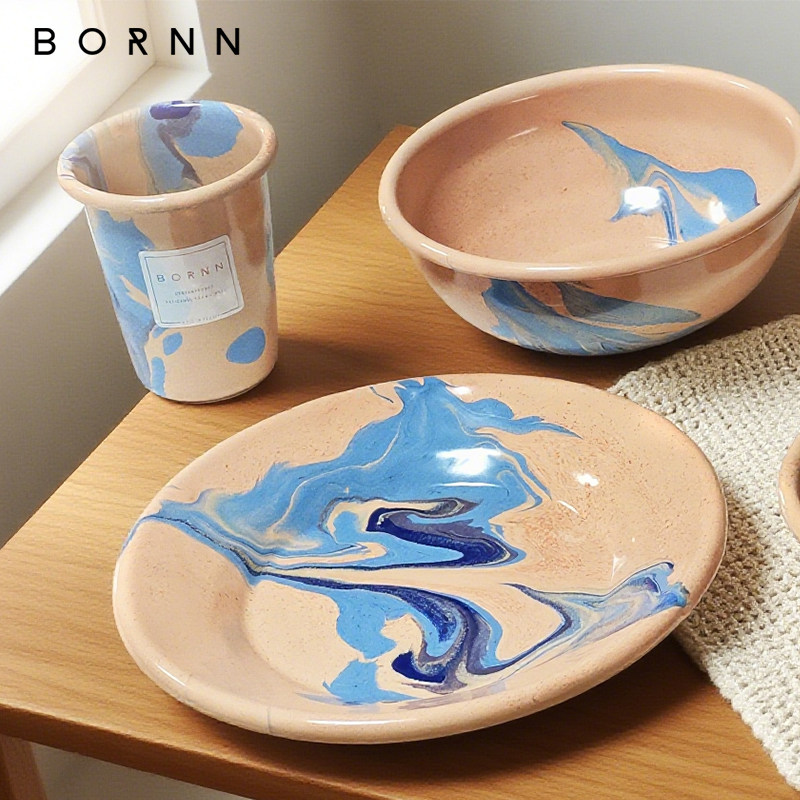 土耳其BORNN搪瓷餐具套装 手工珐琅彩餐盘碗杯壶