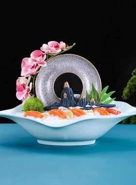 刺身摆盘装d饰树脂镂空圆形海鲜姿造背景镂空圆环盘高端装饰盘摆