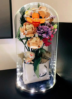 适用乐髙花束展示盒防尘罩10280玫瑰玻K璃罩花瓶亚克力积木收纳盒