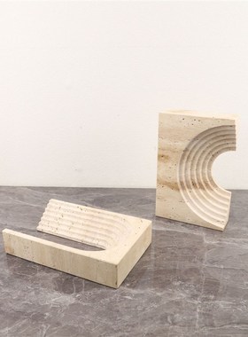 欧式宅寂风天然洞石几何摆件酒店样板间别墅桌面玄关家居软装饰品