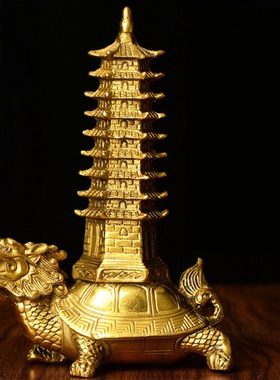 龙龟文昌塔純銅背9层九层文昌塔书桌办公桌上木雕铜雕刻装饰摆件