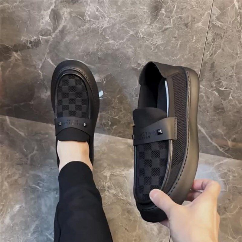 男士百搭黑色夏季豆豆鞋纯色好看青春活力棋盘格男鞋流行轻便板鞋,淘宝优惠券,粉丝福利购,淘宝优惠卷
