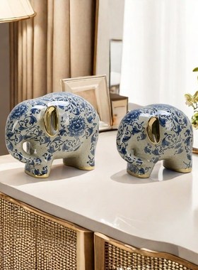 青花陶瓷大象摆件一对高级感客厅玄关展示柜艺术装饰品乔迁送礼
