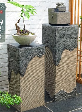 仿古中式客厅玄关落p地装饰摆件仿石柱子花盆架盆景架子茶室布置