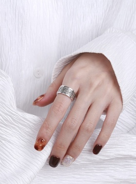 锦河畔 s925纯银复古做旧简约立体编织纹指环宽面男女款开口戒指