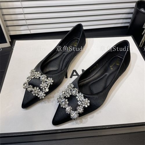 高级感尖头单鞋显气质缎面软底平跟女鞋新款水钻韩版浅口平底鞋女 - 图2