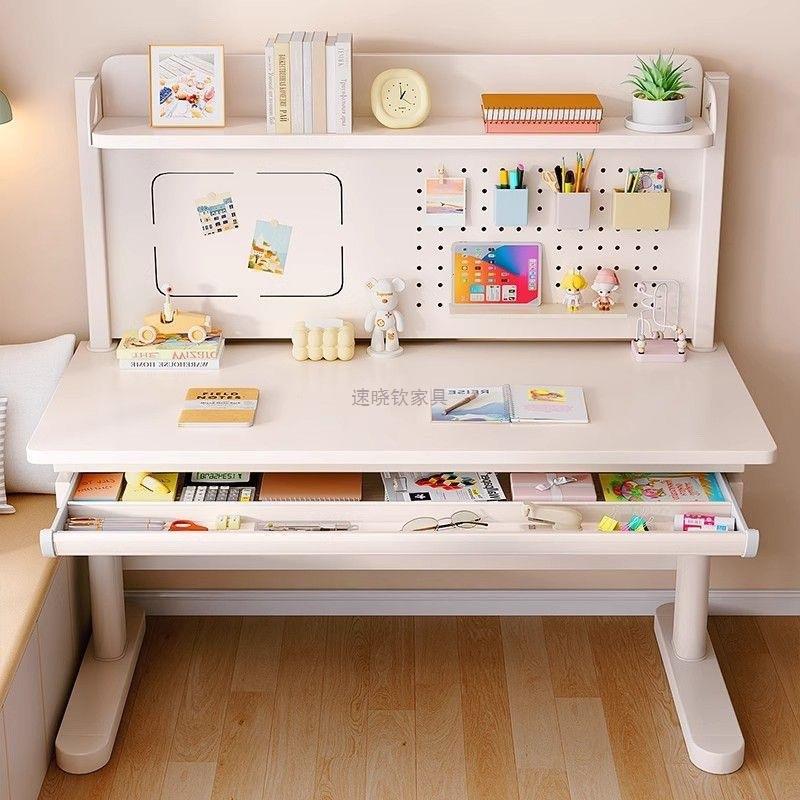 Solid wood children's study table hole board can lift large white table writing table and chair cover primary school student home desk
