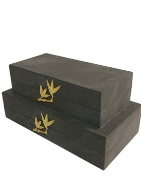 新中式极简风灰色晕染麻布竹叶五金首饰收纳盒(直发)