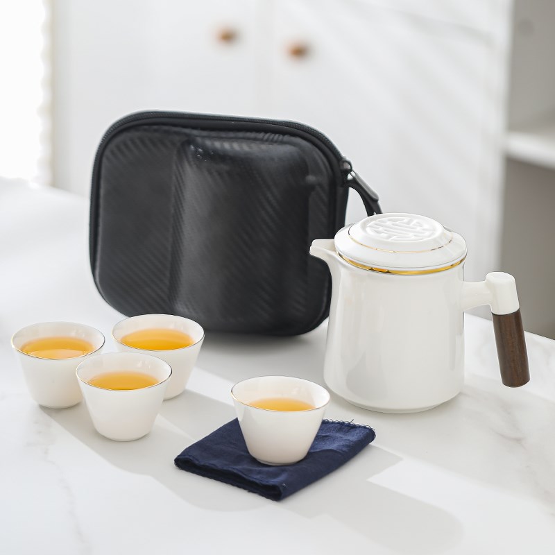Portable travel tea set set mutton fat jade porcelain tea cup anti-scalding with tea tray simple camping quick cup for business trip