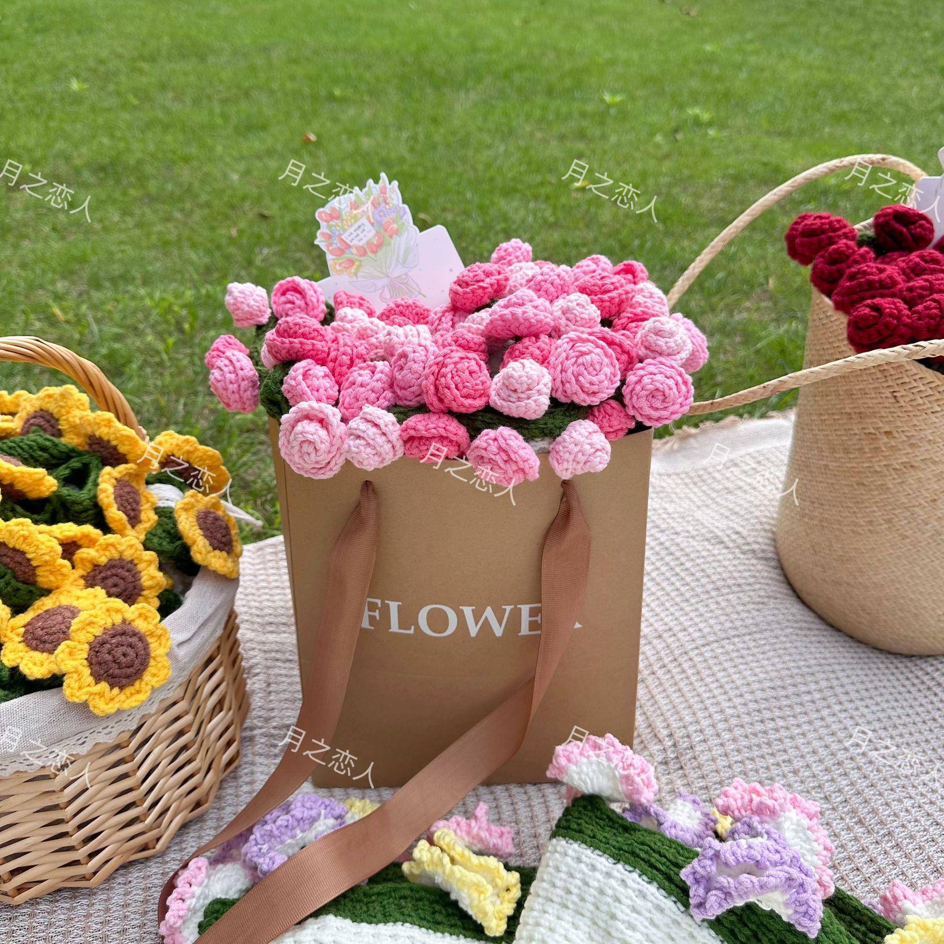 玫瑰花子成品现货工手毛线钩品织情人节母亲CHO毯节礼铃兰花束毛 - 图1