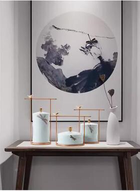 轻奢新中式装青绿色春意蜻蜓小瓷鸟铁艺陶饰品高玄关博端YB-ZC828