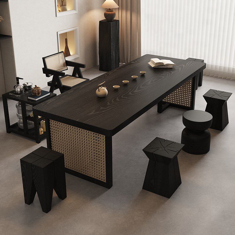 侘寂风实木藤编茶桌椅简约家用小户型茶几黑色实木长方形茶桌茶台,淘宝优惠券,粉丝福利购,淘宝优惠卷