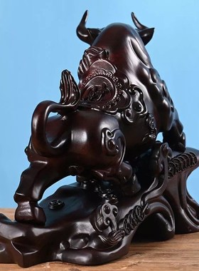 黑檀木雕牛摆件家居财运如虹招财牛根雕办公礼品红木生肖牛工艺品