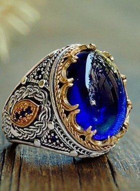 欧美工匠镶钻蓝色宝石雕花戒指复古男U戒指高级时尚