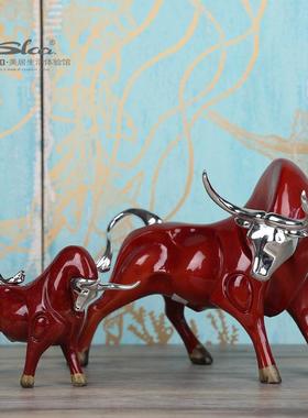 牛电斗红色镀牛动物摆件树脂办公电室视柜电镀红牛客厅软装饰工艺