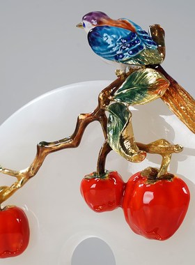 新中式玉石柿子喜鹊平安扣招财摆件珐琅J彩玄关酒柜客厅博古架装