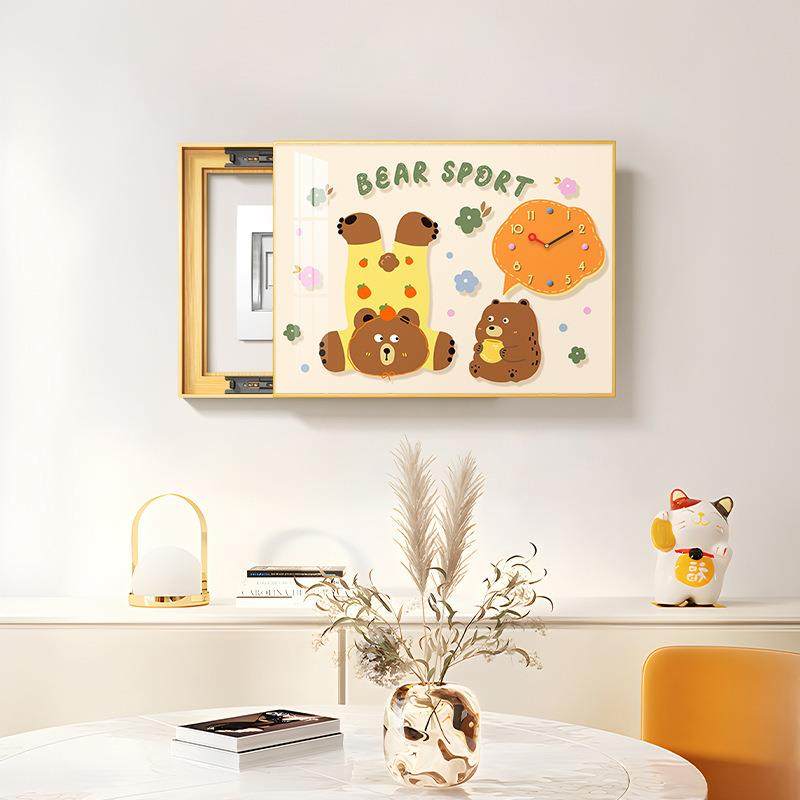 多巴胺电表箱装饰画带钟表可爱波点猫配电箱免打孔遮挡挂画 - 图3