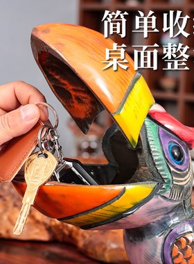 山桃木中式家f居装饰品实木手工雕刻彩绘鸟创意招财玄关客厅摆件