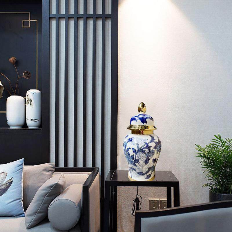 描金青花瓷花瓶新中式储物罐居关OPE餐家桌装饰品玄陶插瓷花器摆,淘宝优惠券,粉丝福利购,淘宝优惠卷