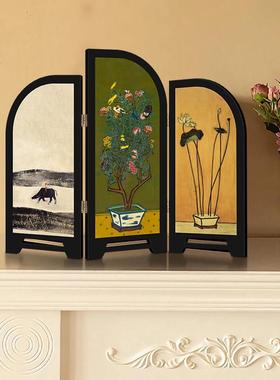 新中式中古风客厅桌面摆件屏风装饰品覆古客厅电视柜玄关置物架