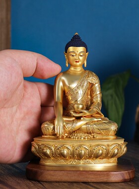 尼泊尔工艺藏传铜鎏金释迦牟尼开手工脸三世佛佛像家居供奉摆件