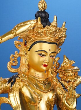 纯铜全鎏金10寸文殊菩萨佛像家用办公室内摆件藏文殊师利普贤菩萨